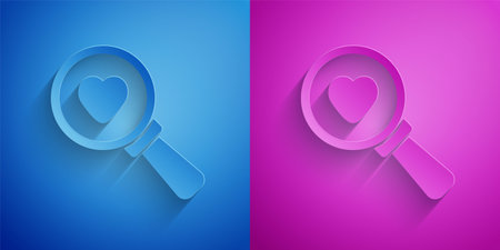 Paper cut Search heart and love icon isolated on blue and purple background. Magnifying glass with heart inside. Paper art style. Vectorのイラスト素材