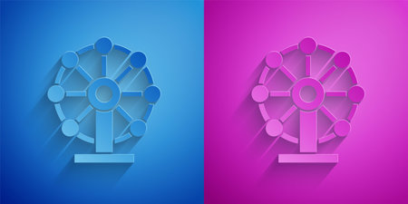 Paper cut Ferris wheel icon isolated on blue and purple background. Amusement park. Childrens entertainment playground, recreation park. Paper art style. Vectorのイラスト素材