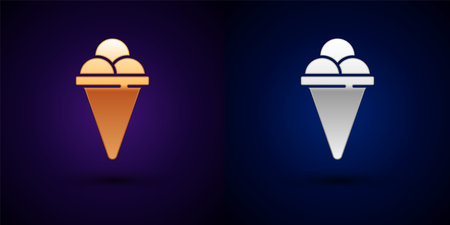 Gold and silver Ice cream in waffle cone icon isolated on black background. Sweet symbol. Vectorのイラスト素材