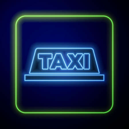 Glowing neon Taxi car roof icon isolated on blue background. Vectorのイラスト素材