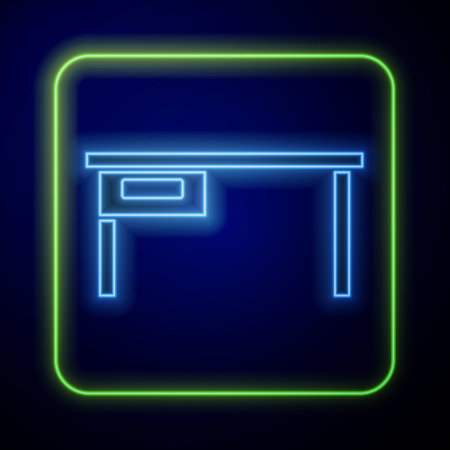 Glowing neon Office desk icon isolated on blue background. Vectorのイラスト素材