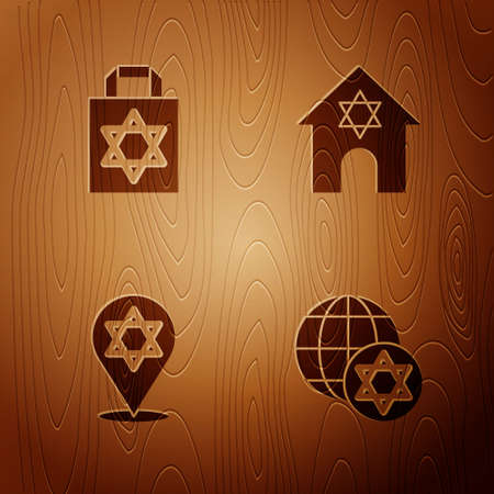 Set World Globe and Israel, Shopping bag with star of david, Star David and Jewish synagogue on wooden background. Vectorのイラスト素材