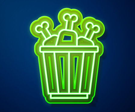 Glowing neon line Chicken leg in package box icon isolated on blue background. Chicken drumstick. Vectorのイラスト素材