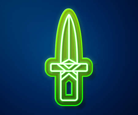 Glowing neon line Dagger icon isolated on blue background. Knife icon. Sword with sharp blade. Vectorのイラスト素材