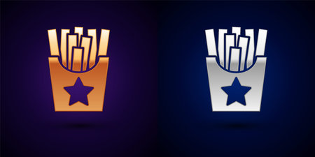 Gold and silver Potatoes french fries in carton package box icon isolated on black background. Fast food menu. Vectorのイラスト素材