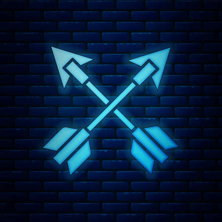 Glowing neon Crossed arrows icon isolated on brick wall background. Vectorのイラスト素材