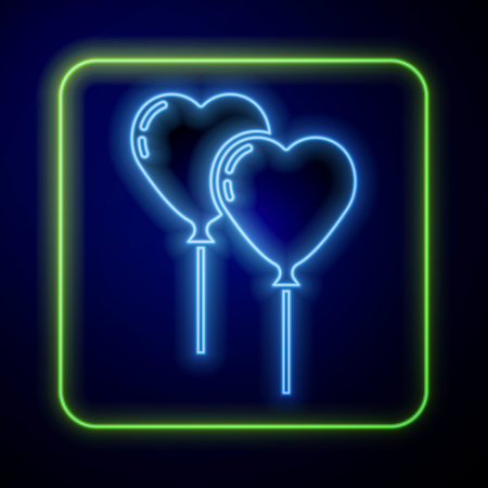 Glowing neon Balloons in form of heart with ribbon icon isolated on blue background. Valentines day. Vectorのイラスト素材