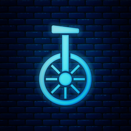 Glowing neon Unicycle or one wheel bicycle icon isolated on brick wall background. Monowheel bicycle. Vectorのイラスト素材