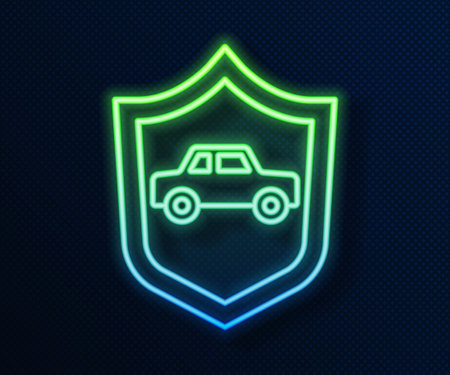 Glowing neon line Car with shield icon isolated on blue background. Insurance concept. Security, safety, protection, protect concept. Vectorのイラスト素材