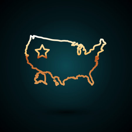 Gold line USA map icon isolated on dark blue background. Map of the United States of America. Vectorのイラスト素材