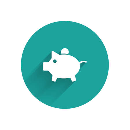 White Piggy bank icon isolated with long shadow. Icon saving or accumulation of money, investment. Green circle button. Vectorのイラスト素材