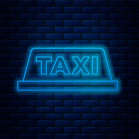 Glowing neon line Taxi car roof icon isolated on brick wall background. Vectorのイラスト素材