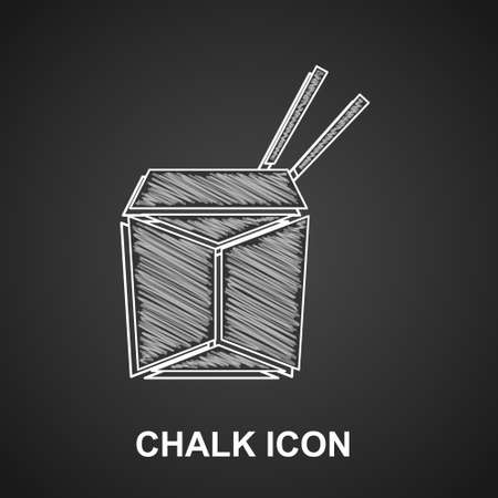 Chalk Asian noodles in paper box and chopsticks icon isolated on black background. Street fast food. Korean, Japanese, Chinese food. Vectorのイラスト素材