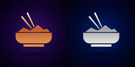 Gold and silver Rice in a bowl with chopstick icon isolated on black background. Traditional Asian food. Vectorのイラスト素材