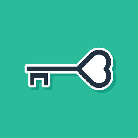 Blue Key in heart shape icon isolated on green background. Valentines day. Vectorのイラスト素材