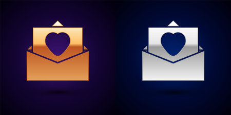 Gold and silver Envelope with Valentine heart icon isolated on black background. Message love. Letter love and romance. Vectorのイラスト素材