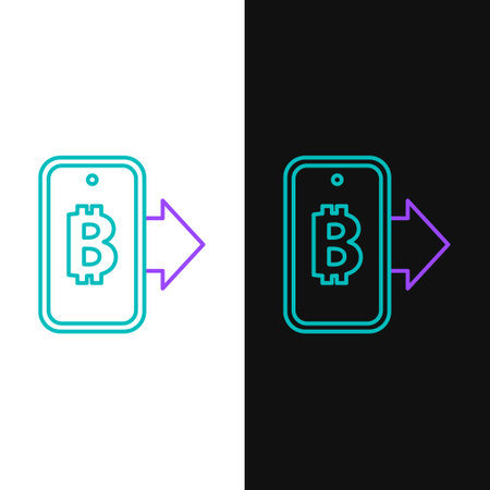 Line Mining bitcoin from mobile icon isolated on white and black background. Cryptocurrency mining, blockchain technology service. Colorful outline concept. Vectorのイラスト素材