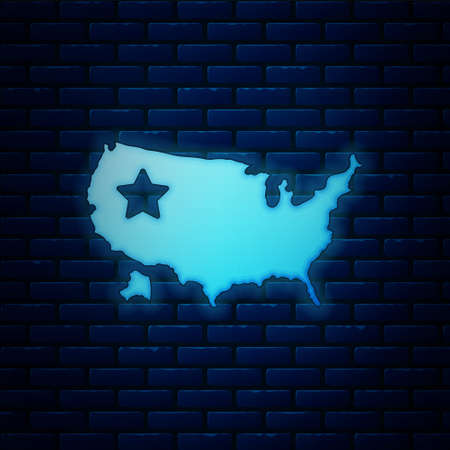 Glowing neon USA map icon isolated on brick wall background. Map of the United States of America. Vectorのイラスト素材