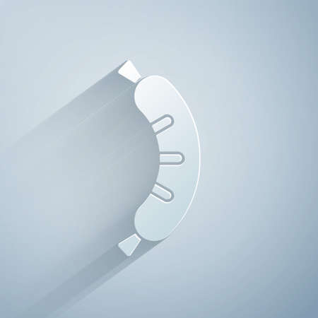 Paper cut Hotdog sandwich icon isolated on grey background. Sausage icon. Street fast food menu. Paper art style. Vectorのイラスト素材