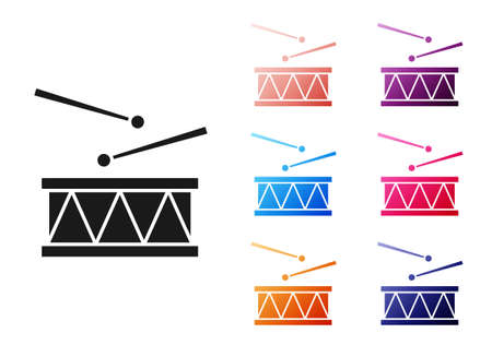 Black Drum with drum sticks icon isolated on white background. Music sign. Musical instrument symbol. Set icons colorful. Vectorのイラスト素材