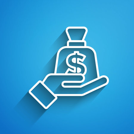 White line Money in hand icon isolated on blue background. Insurance concept. Security, safety, protection, protect concept. Long shadow. Vectorのイラスト素材