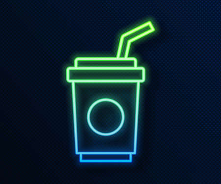 Glowing neon line Paper glass with drinking straw and water icon isolated on blue background. Soda drink glass. Fresh cold beverage symbol. Vectorのイラスト素材