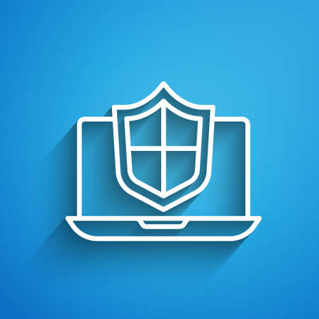 White line Laptop protected with shield icon isolated on blue background. PC security, firewall technology, privacy safety. Long shadow. Vectorのイラスト素材