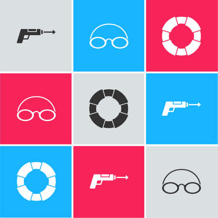 Set Fishing harpoon, Glasses and cap and Lifebuoy icon. Vectorのイラスト素材