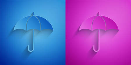 Paper cut Umbrella icon isolated on blue and purple background. Insurance concept. Waterproof icon. Protection, safety, security concept. Paper art style. Vectorのイラスト素材
