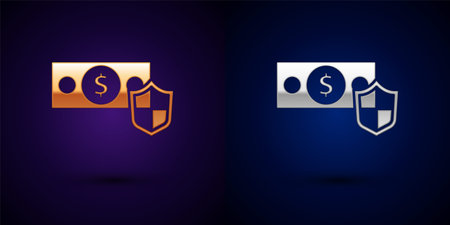 Gold and silver Money with shield icon isolated on black background. Insurance concept. Security, safety, protection, protect concept. Vectorのイラスト素材