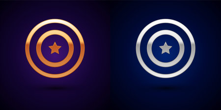 Gold and silver American star shield icon isolated on black background. United States of America country flag. 4th of July. USA Independence day. Vectorのイラスト素材