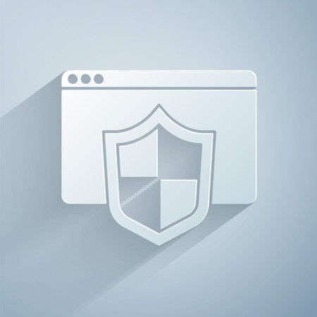 Paper cut Browser with shield icon isolated on grey background. Security, safety, protection, privacy concept. Paper art style. Vectorのイラスト素材