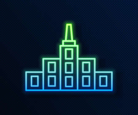 Glowing neon line City landscape icon isolated on blue background. Metropolis architecture panoramic landscape. Vectorのイラスト素材