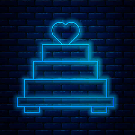Glowing neon line Wedding cake with heart icon isolated on brick wall background. Vectorのイラスト素材
