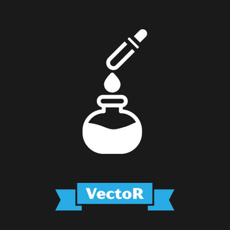 White Test tube and flask chemical laboratory test with pipette icon isolated on black background. Laboratory glassware sign. Vectorのイラスト素材