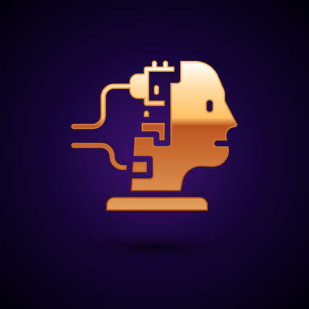 Gold Robot connected for maintenance icon isolated on black background. Artificial intelligence, machine learning, cloud computing. Vectorのイラスト素材