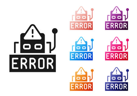 Black Error in the operation program of the robot icon isolated on white background. A broken chip...