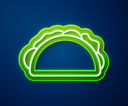 Glowing neon line Taco with tortilla icon isolated on blue background. Traditional mexican fast food menu. Vectorのイラスト素材
