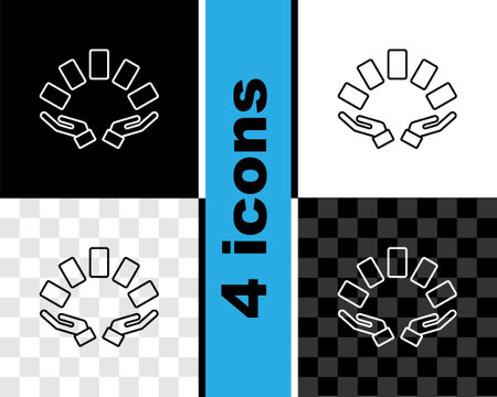 Set line Hand holding playing cards icon isolated on black and white, transparent background. Casino game design. Vectorのイラスト素材