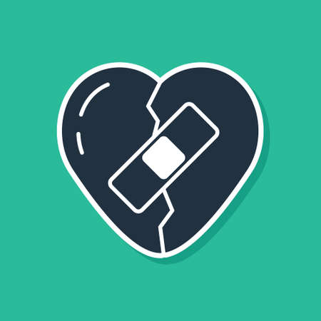 Blue Healed broken heart or divorce icon isolated on green background. Shattered and patched heart. Love symbol. Valentines day. Vectorのイラスト素材