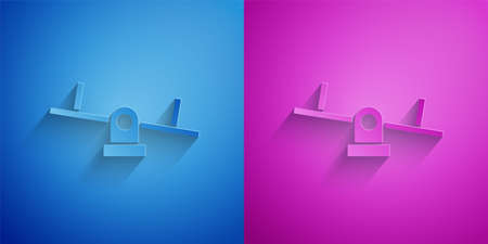 Paper cut Seesaw icon isolated on blue and purple background. Teeter equal board. Playground symbol. Paper art style. Vectorのイラスト素材
