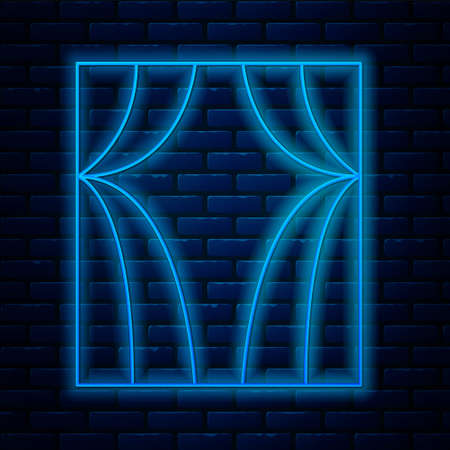 Glowing neon line Circus curtain raises icon isolated on brick wall background. For theater or opera scene backdrop, concert grand opening or cinema premiere. Vectorのイラスト素材