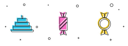 Set Cake with burning candles, Candy and icon. Vectorのイラスト素材
