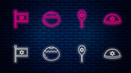 Set line Jewish sweet bakery, Balloon with star of david, Flag Israel and kippah. Glowing neon icon on brick wall. Vectorのイラスト素材