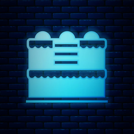 Glowing neon Cake icon isolated on brick wall background. Happy Birthday. Vectorのイラスト素材