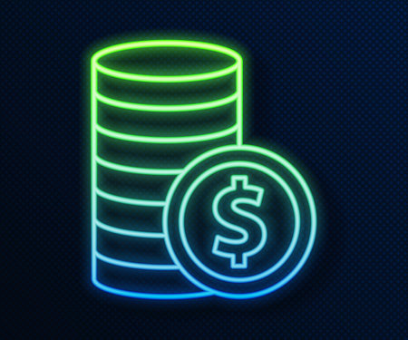 Glowing neon line Coin money with dollar symbol icon isolated on blue background. Banking currency sign. Cash symbol. Vectorのイラスト素材