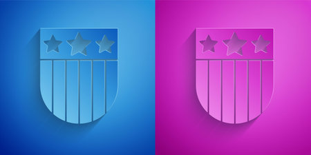 Paper cut Shield with stars and stripes icon isolated on blue and purple background. United States...