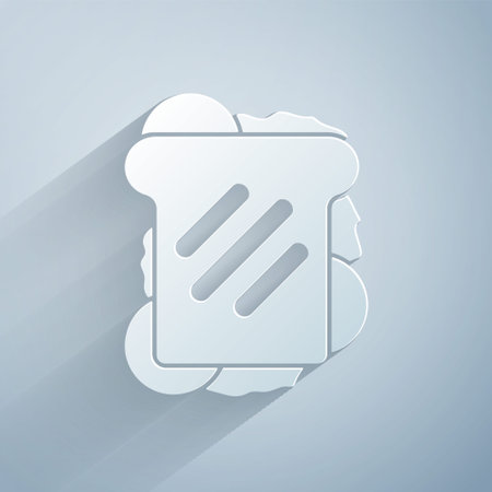 Paper cut Sandwich icon isolated on grey background. Hamburger icon. Burger food symbol. Cheeseburger sign. Street fast food menu. Paper art style. Vectorのイラスト素材