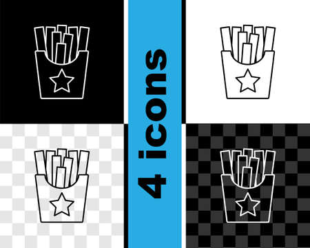 Set line Potatoes french fries in carton package box icon isolated on black and white, transparent background. Fast food menu. Vectorのイラスト素材