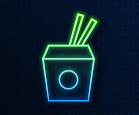 Glowing neon line Asian noodles in paper box and chopsticks icon isolated on blue background. Street fast food. Korean, Japanese, Chinese food. Vectorのイラスト素材